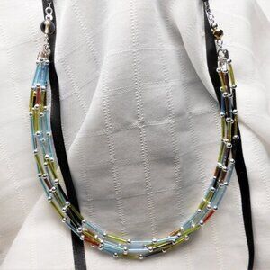 Handmade ribbon necklace with 3mm glass and metal beads